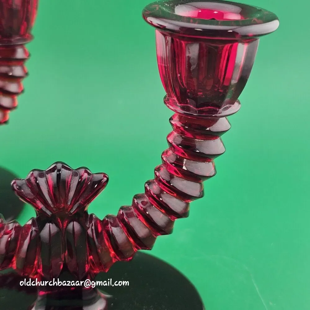 Set of 2 Paden City Ruby Red Glass Crows Foot Round Double Candle Holders